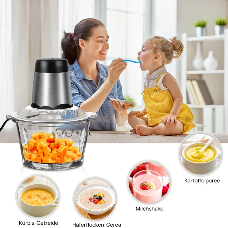 Hachoir Électrique Multifonction 300 W — Bol en Verre 2 L, 4 Lames Inox, 2 Vitesses