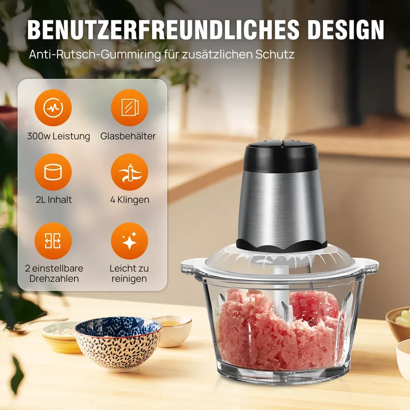 Hachoir Électrique Multifonction 300 W — Bol en Verre 2 L, 4 Lames Inox, 2 Vitesses