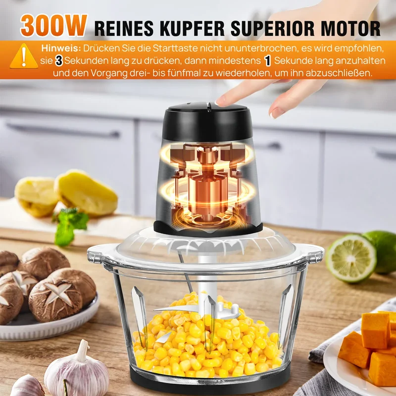 Hachoir Électrique Multifonction 300 W — Bol en Verre 2 L, 4 Lames Inox, 2 Vitesses