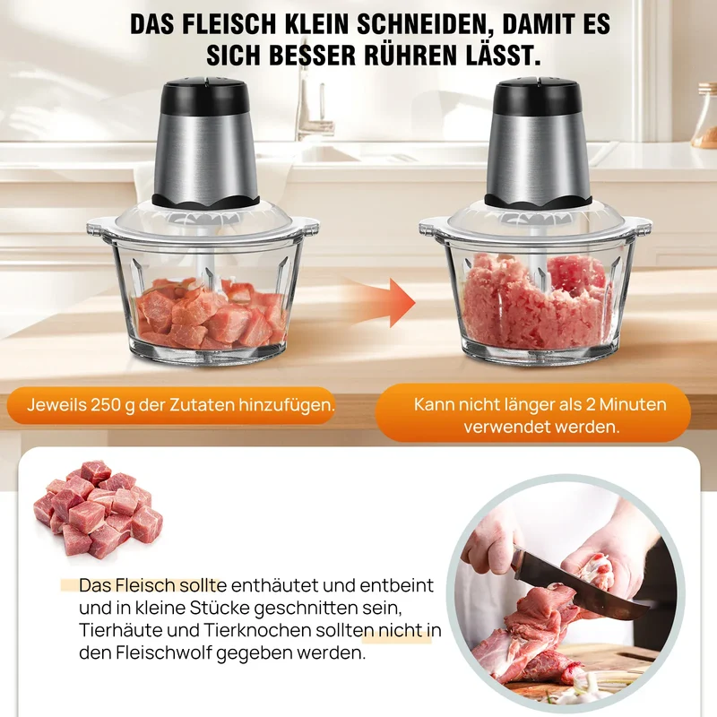 Hachoir Électrique Multifonction 300 W — Bol en Verre 2 L, 4 Lames Inox, 2 Vitesses