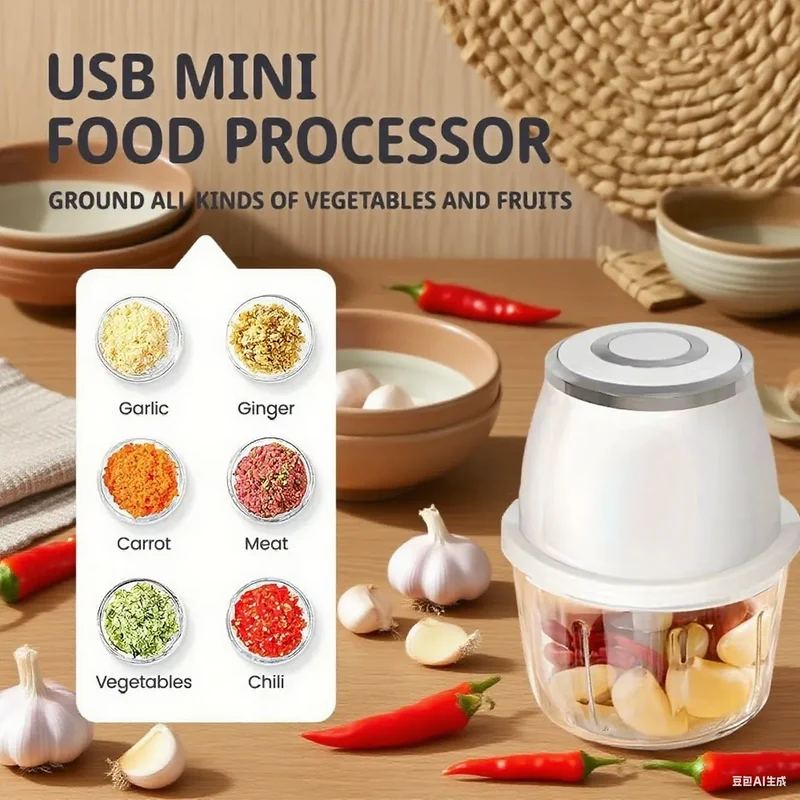 Mini Hachoir Électrique Sans Fil 350 ml — Bol Verre ou Plastique, 6 Lames Inox, USB-C