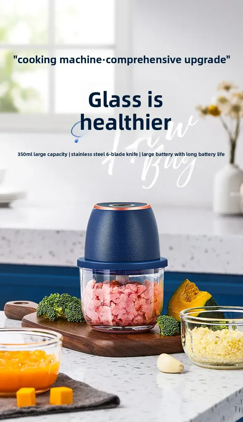 Mini Hachoir Électrique Sans Fil 350 ml — Bol Verre ou Plastique, 6 Lames Inox, USB-C