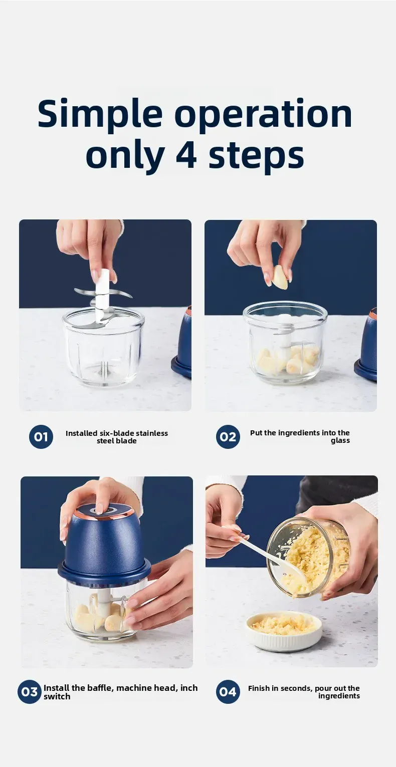 Mini Hachoir Électrique Sans Fil 350 ml — Bol Verre ou Plastique, 6 Lames Inox, USB-C