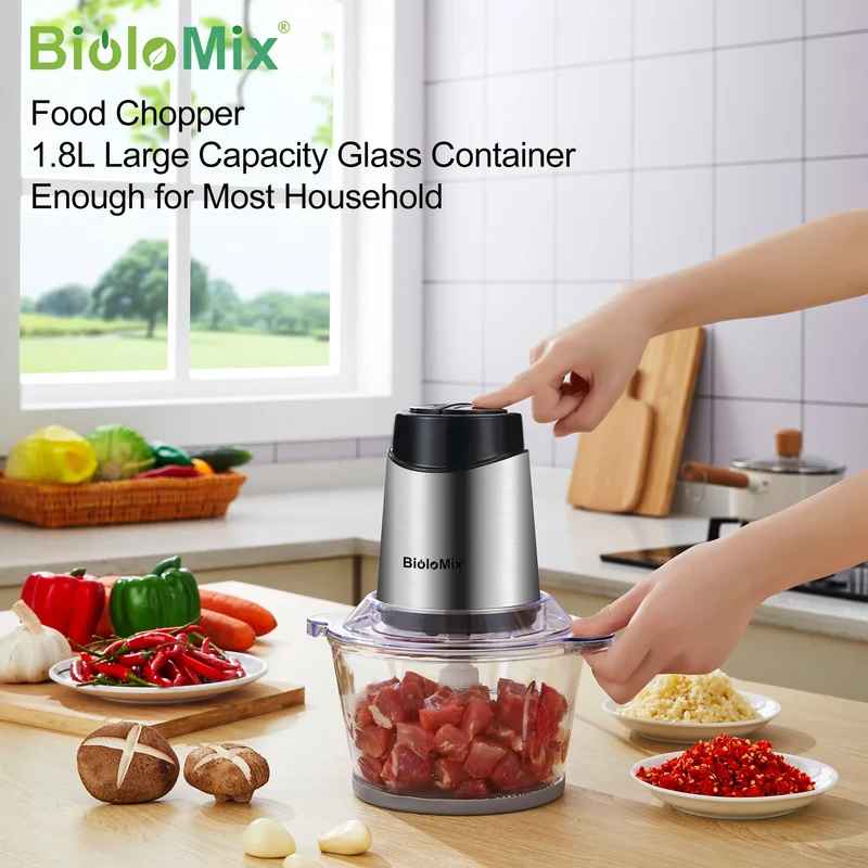 Hachoir Électrique 500W 1,8L Verre – 4 Lames Inox 304 – Dual Control Viande Légumes