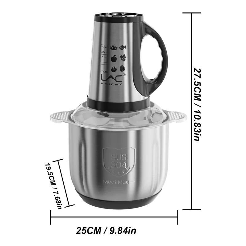 Hachoir Électrique Multifonction 300 W — Double Bol Inox et Verre, 4 Lames, 3 Vitesses