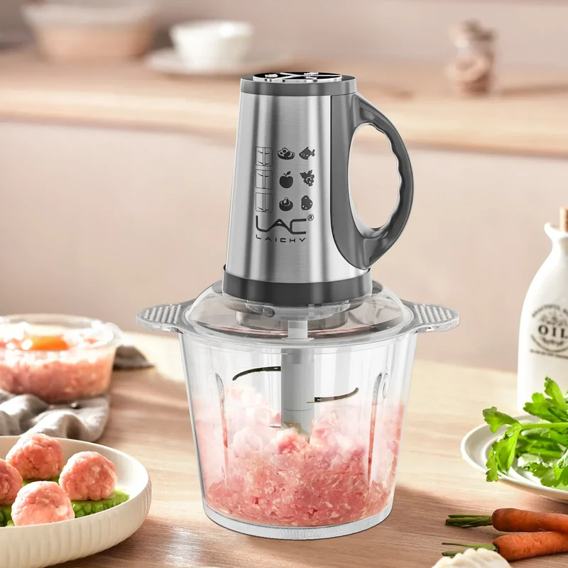 Hachoir Électrique Multifonction 300 W — Double Bol Inox et Verre, 4 Lames, 3 Vitesses