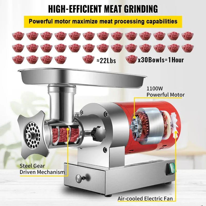 Hachoir à Viande Électrique 1 100 W — 300 kg/h, 2 Plaques + Kit Saucisse