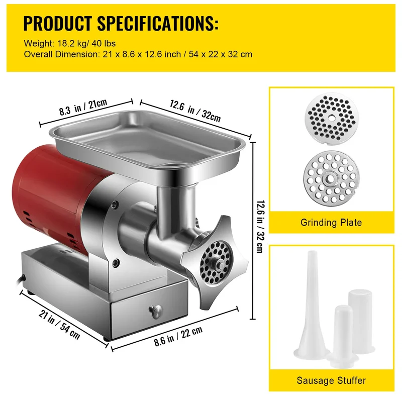 Hachoir à Viande Électrique 1 100 W — 300 kg/h, 2 Plaques + Kit Saucisse