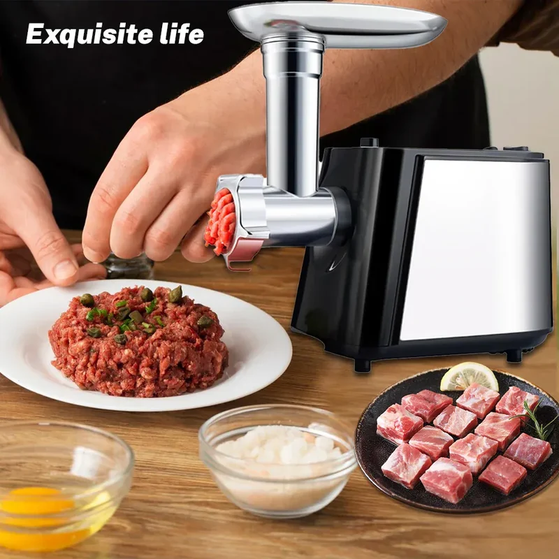 Hachoir Électrique Multifonction 1000 W — 3 Grilles, Farcisseur à Saucisses, 13 Accessoires