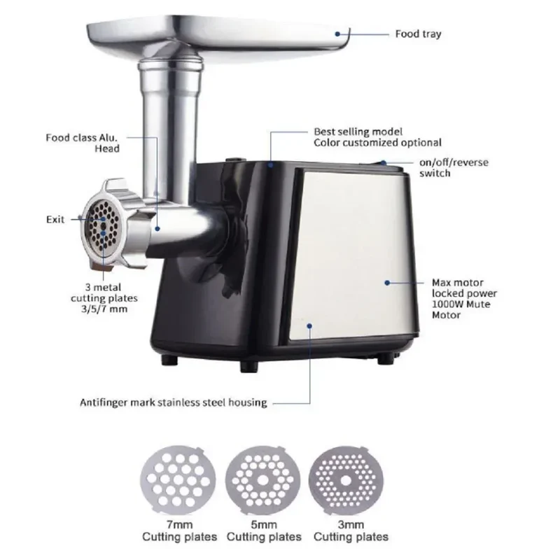 Hachoir Électrique Multifonction 1000 W — 3 Grilles, Farcisseur à Saucisses, 13 Accessoires