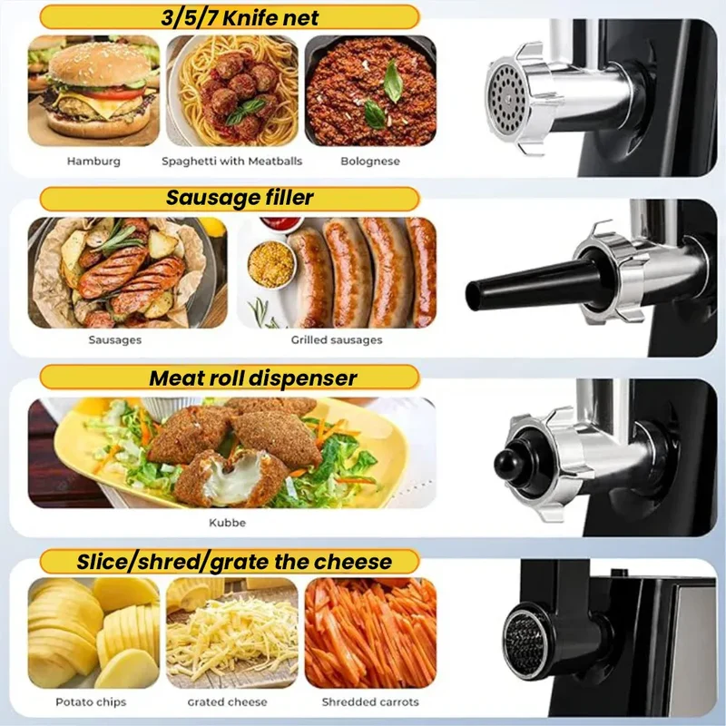 Hachoir Électrique Multifonction 1000 W — 3 Grilles, Farcisseur à Saucisses, 13 Accessoires