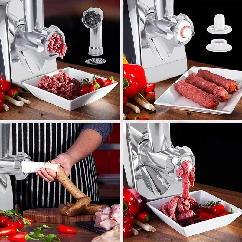 Hachoir Électrique 2800W Inox — 3 Grilles, Embout Saucisses et Kit Kibbe Inclus