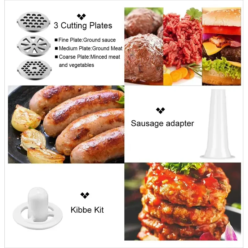 Hachoir Électrique 2800W Inox — 3 Grilles, Embout Saucisses et Kit Kibbe Inclus