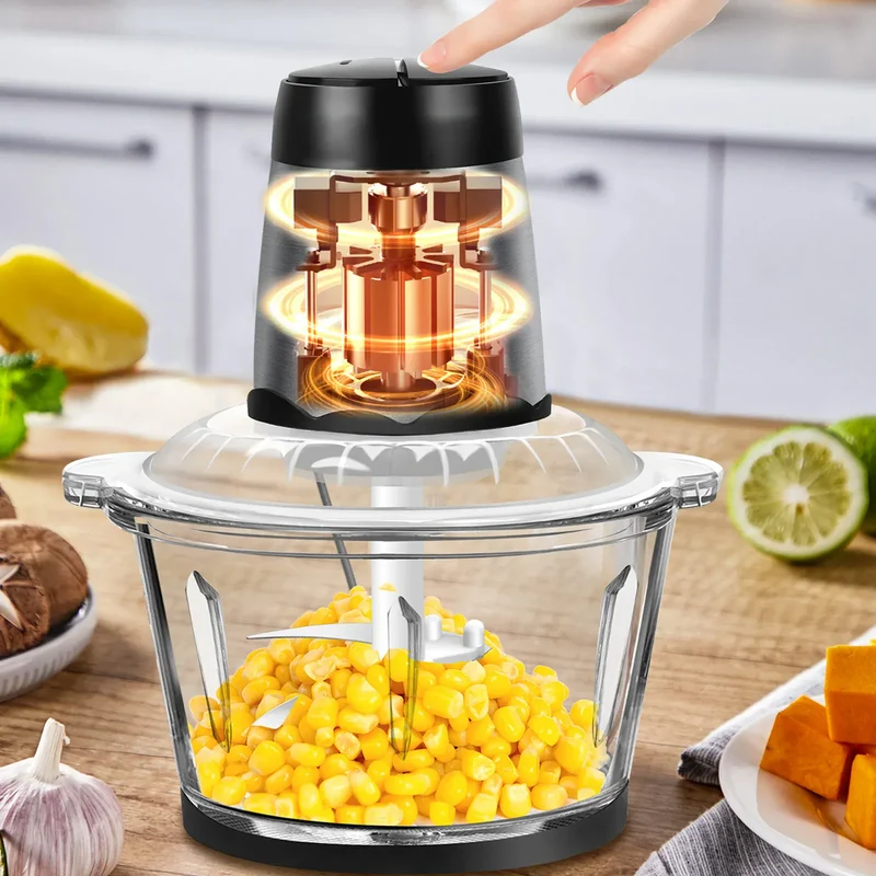 Hachoir Électrique Multifonction 2L 300W — Bol en Verre, 4 Lames Inox, 2 Vitesses