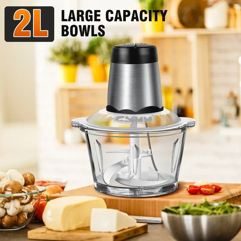 Hachoir Électrique Multifonction 2L 300W — Bol en Verre, 4 Lames Inox, 2 Vitesses