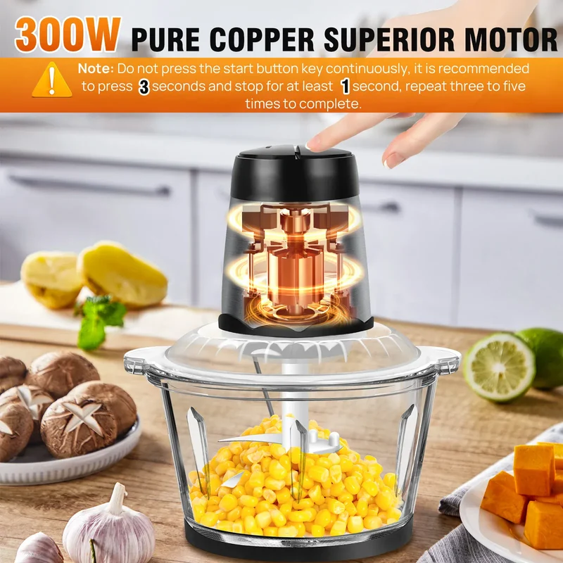 Hachoir Électrique Multifonction 2L 300W — Bol en Verre, 4 Lames Inox, 2 Vitesses