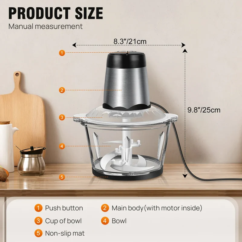 Hachoir Électrique Multifonction 2L 300W — Bol en Verre, 4 Lames Inox, 2 Vitesses
