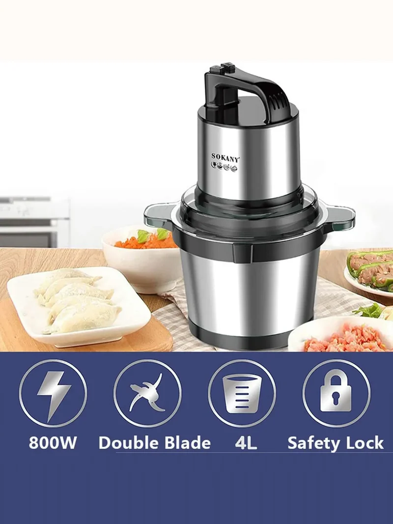 Hachoir Électrique 800W Bol Inox — 4 Lames, 2 Vitesses, Viandes et Légumes