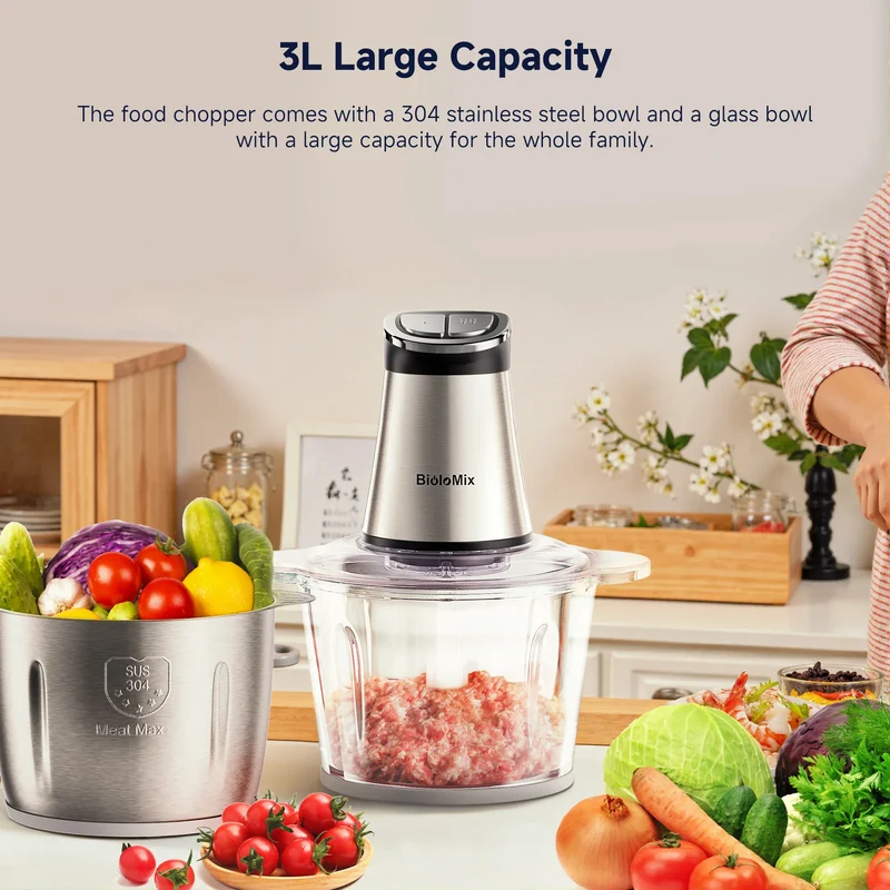 Hachoir Électrique 300W 3L — 2 Bols (Inox + Verre) et Lames Bi-Niveaux