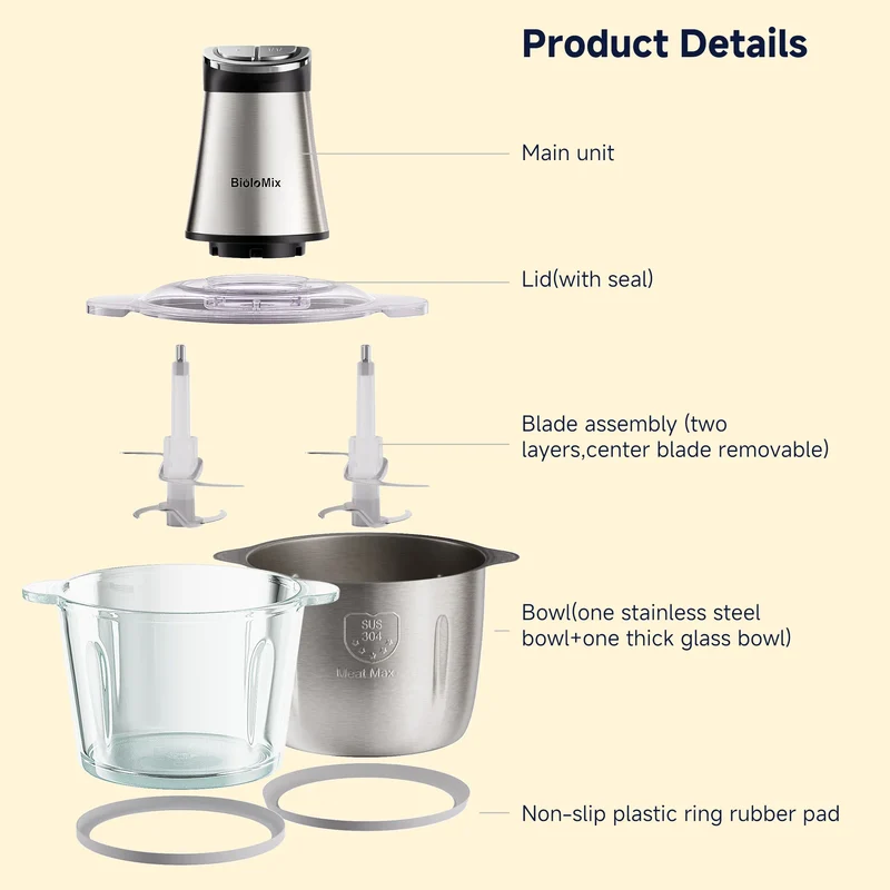 Hachoir Électrique 300W 3L — 2 Bols (Inox + Verre) et Lames Bi-Niveaux