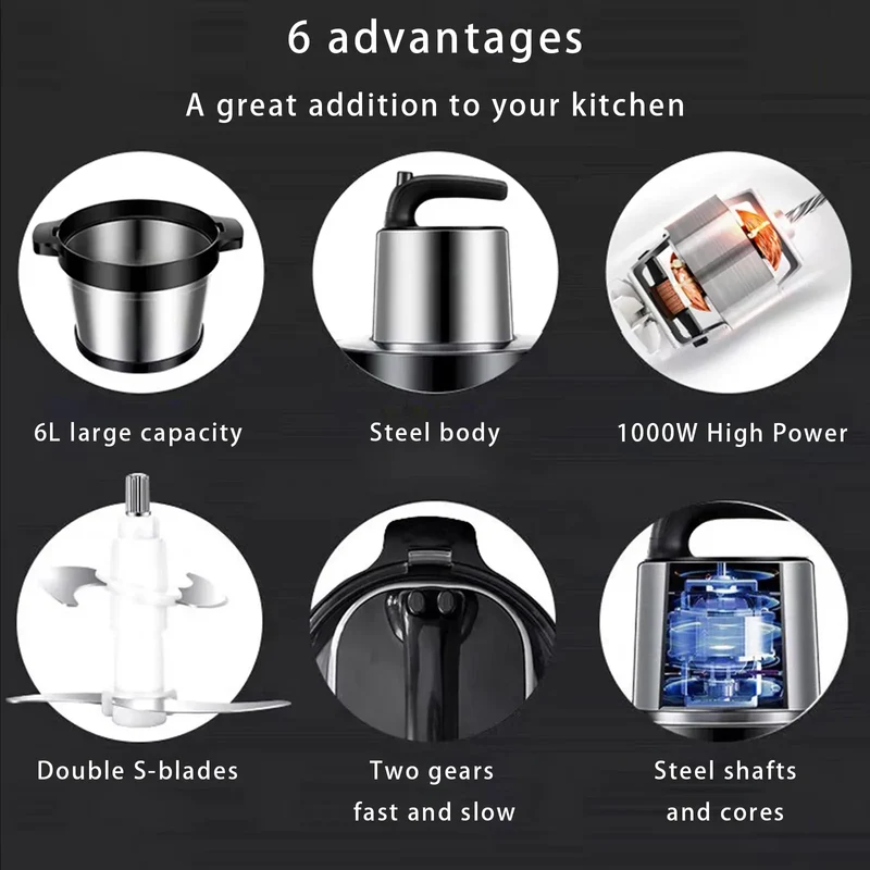 Hachoir Électrique 8L Inox 304 — 4500 W, 2 Vitesses, Double Lame en S