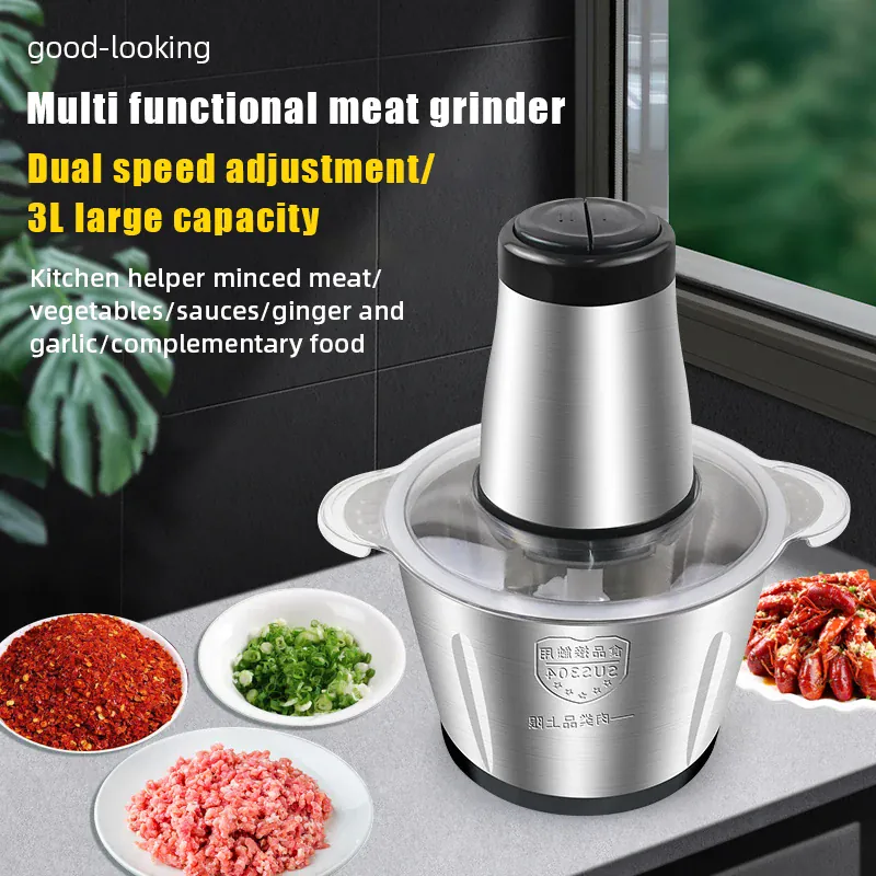 Hachoir Électrique Multifonction 3L Inox 304 — 300 W, 2 Vitesses, 4 Lames