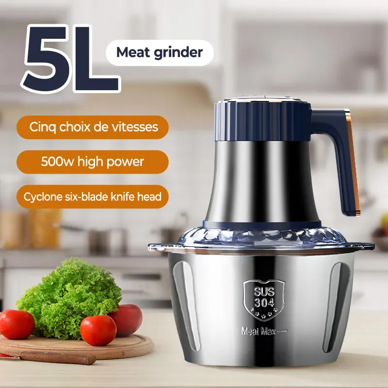 Hachoir Électrique Multifonction 5 L — 500 W, 6 Lames Cyclone Inox, 5 Vitesses
