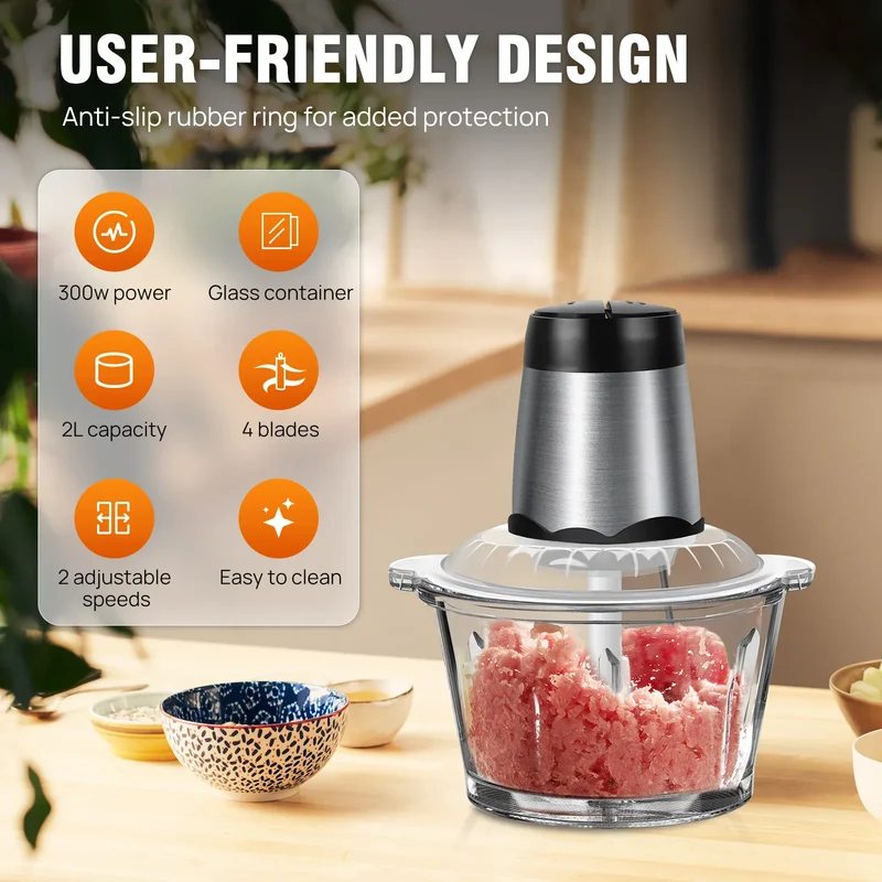 Hachoir Électrique 300W avec Bol en Verre 2L — Aliments Mous et Durs