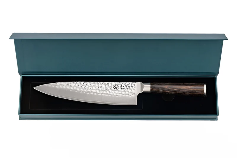 Couteau de chef 20cm Hakami Sakura lame martelée et manche pakkawood marron