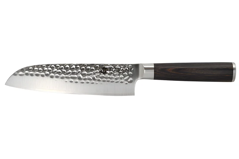 Couteau santoku 18cm Hakami Sakura lame martelée et manche pakkawood marron