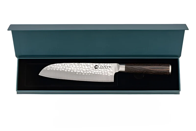 Couteau santoku 18cm Hakami Sakura lame martelée et manche pakkawood marron