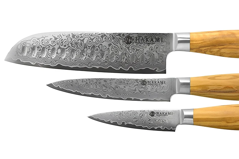 Coffret 3 couteaux Hakami Tsubaki lame damas office + universel + chef