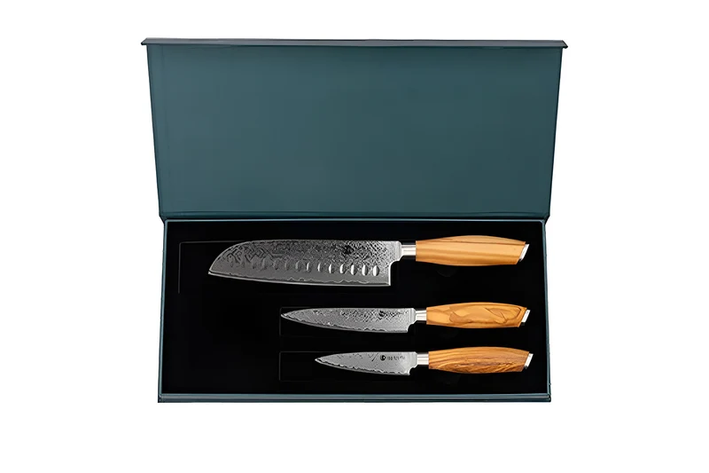 Coffret 3 couteaux Hakami Tsubaki lame damas office + universel + chef