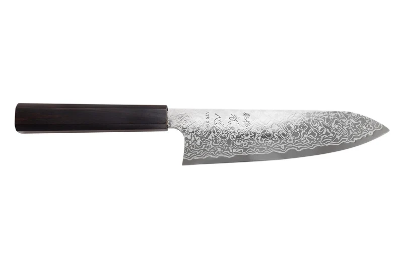 Couteau santoku 18cm japonais artisanal Hatsukokoro Ginga ATS-34 Damas ébène