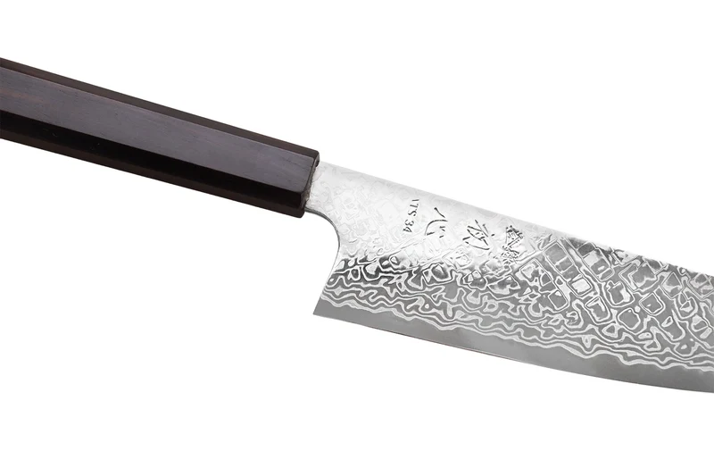 Couteau santoku 18cm japonais artisanal Hatsukokoro Ginga ATS-34 Damas ébène