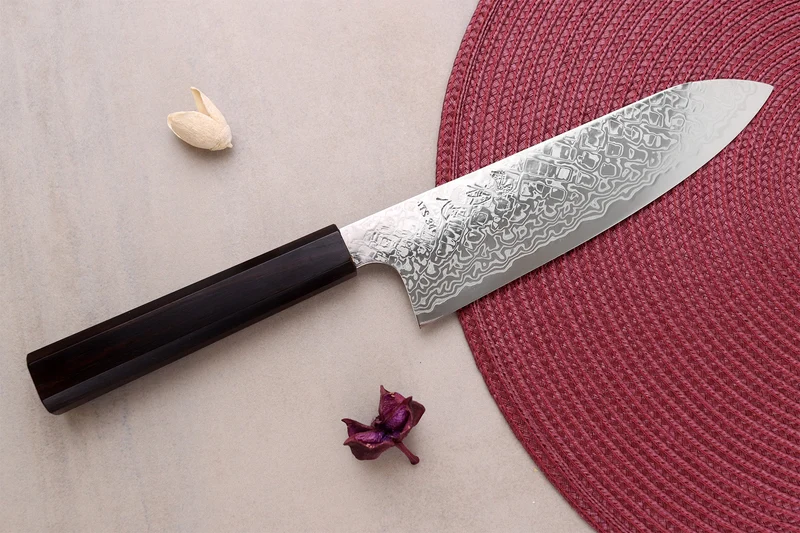 Couteau santoku 18cm japonais artisanal Hatsukokoro Ginga ATS-34 Damas ébène