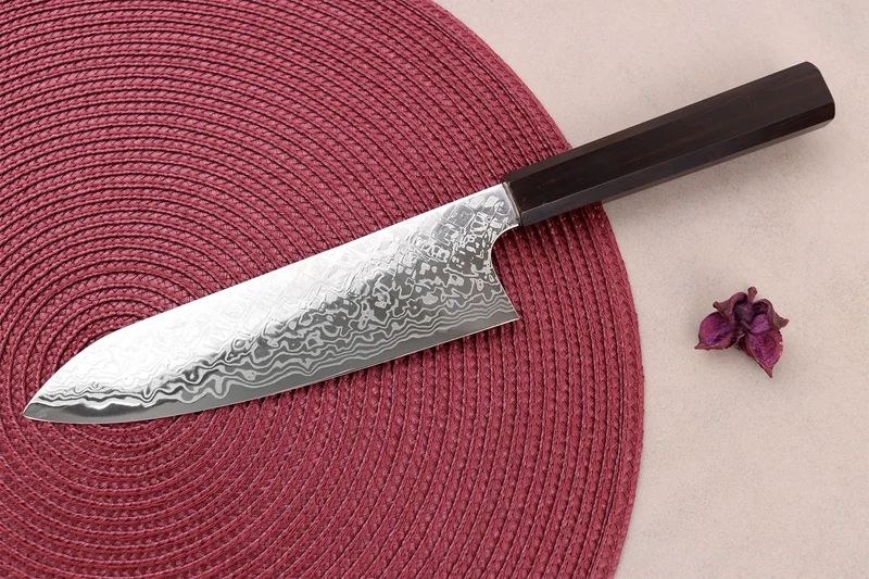 Couteau santoku 18cm japonais artisanal Hatsukokoro Ginga ATS-34 Damas ébène