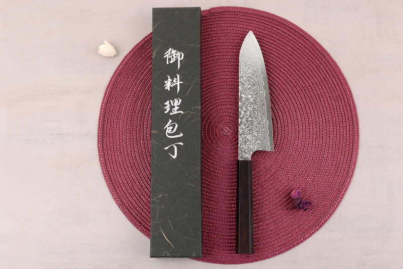 Couteau santoku 18cm japonais artisanal Hatsukokoro Ginga ATS-34 Damas ébène