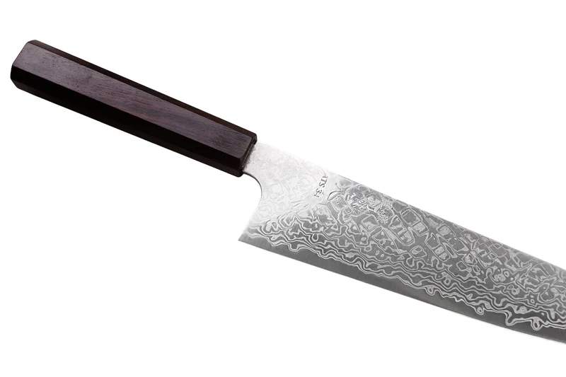 Couteau de chef 21cm japonais artisanal Hatsukokoro Ginga ATS-34 Damas ébène