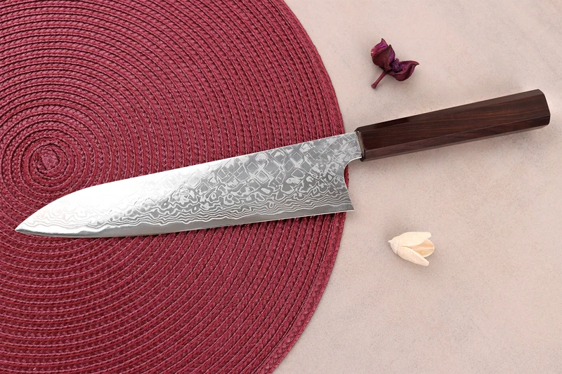 Couteau de chef 21cm japonais artisanal Hatsukokoro Ginga ATS-34 Damas ébène