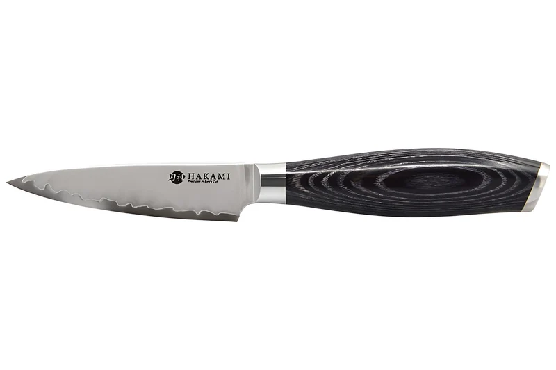 Couteau d'office 9cm Hakami Ajisai lame San Maï manche pakkawood noir et gris