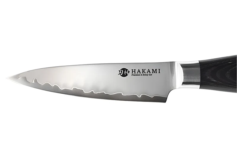 Couteau d'office 9cm Hakami Ajisai lame San Maï manche pakkawood noir et gris