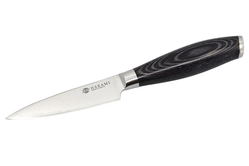 Couteau d'office 9cm Hakami Ajisai lame San Maï manche pakkawood noir et gris