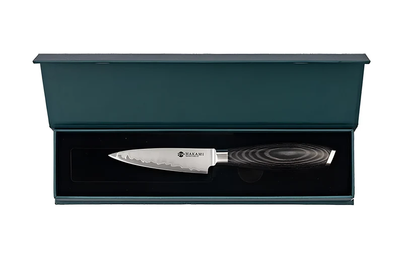 Couteau d'office 9cm Hakami Ajisai lame San Maï manche pakkawood noir et gris