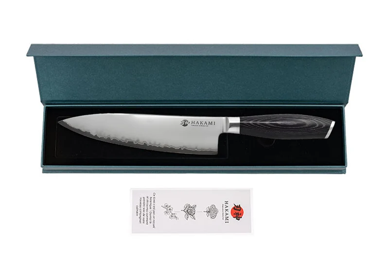 Couteau de chef 20cm Hakami Ajisai lame San Maï manche pakkawood noir et gris