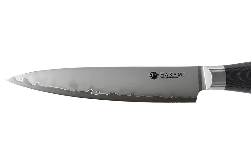 Couteau universel 12cm Hakami Ajisai lame San Maï manche pakkawood noir et gris
