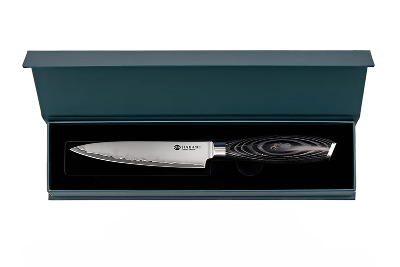 Couteau universel 12cm Hakami Ajisai lame San Maï manche pakkawood noir et gris