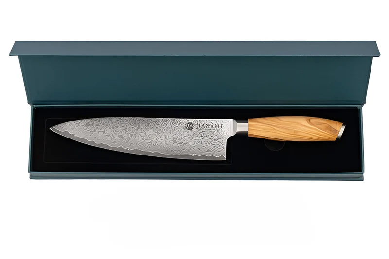 Couteau de chef 20cm Hakami Tsubaki lame damas manche en olivier