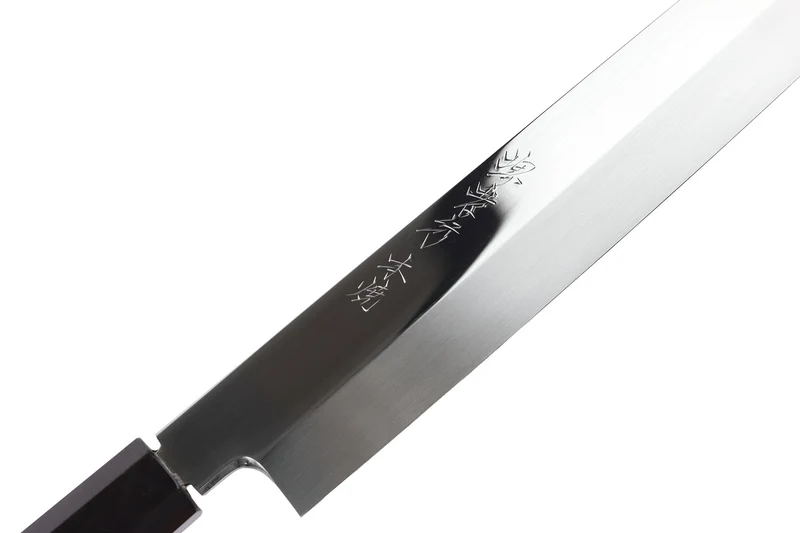 Couteau fuguhiki 33cm Sakai Takayuki BS2 Honyaki poli miroir en ébène et saya en magnolia noir