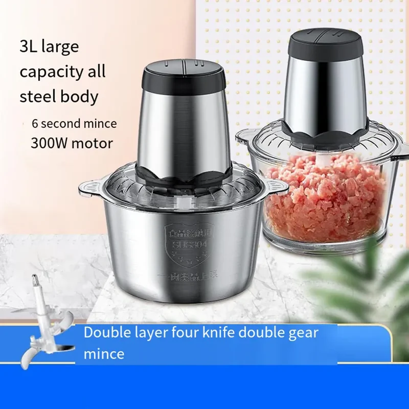 Hachoir Électrique Multifonction Inox 304 — 300 W, 2 L ou 3 L, Double Vitesse